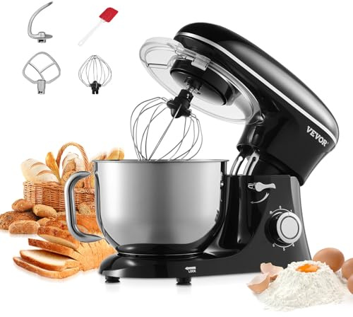 VEVOR Robot pâtissier domestique 1400 W, batteur sur socle 5,68 L, mixeur à pâte avec 6+P vitesses, tête inclinable, avec bol en acier inox, crochet, fouet, batteur plat, grattoir, pour cuisson, noir