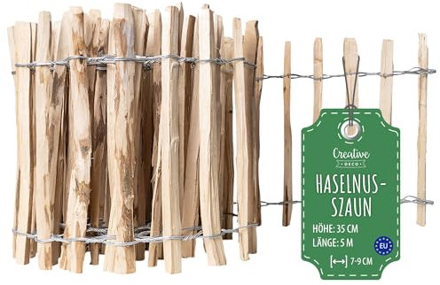 Creative Home Staketenzaun 35cm hoch und 5m lang | Haselnusszaun | Rollzaun | Lattenabstand 7-9 cm | Gartenzaun Holz Holzzaun | Zaun Garten Ideal als Rasenkante Blumenbeet Umrandung aus Haselnuss