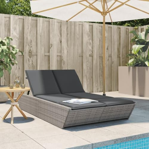 Fasba Doppel Sonnenliege, Gartenliege mit Kissen, Doppelliege für Garten Terrasse, Relaxliege Sonnenbett Gartenmöbel, Grau Poly Rattan