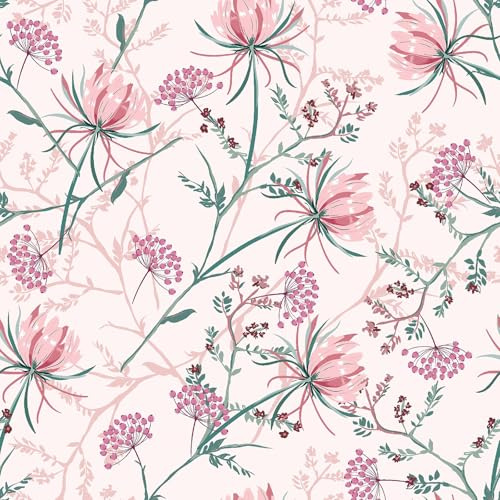 VEELIKE Tapete Blumen Rosa Löwenzahn Mustertapete Blumentapete 44.5cm × 300cm Selbstklebende Tapete Blätter Rosa Fototapete Schlafzimmer Romantik Tapeten Wohnzimmer Badezimmer Möbelfolie Abnehmbar