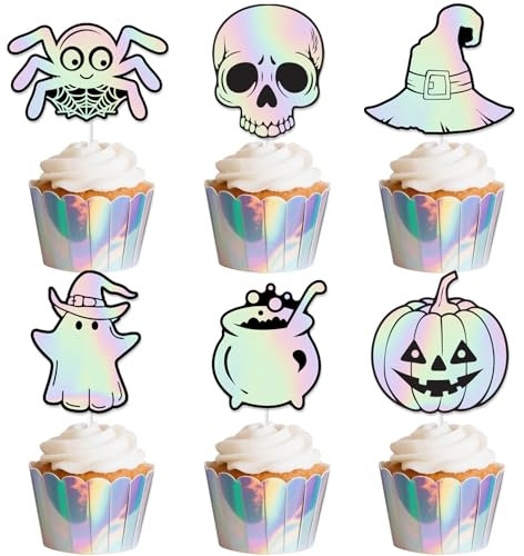 Halloween Theme Cake Decorations 36pcs Halloween Laser Cupcake Toppers Cute Ghost Pumpkin Birthday Decors Bat Spider Web Skeleton for Baby Shower Boo Scary Spooky One Two Spooky Party Supplies