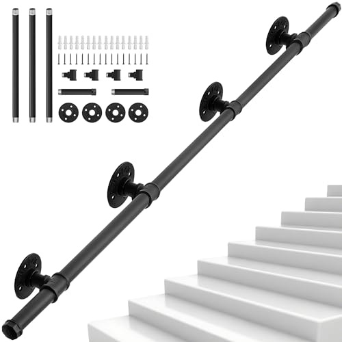 OUUTMEE Pasamanos de 335 cm, hierro forjado negro, calibre: diámetro de 25 mm, adecuado para uso interior y exterior, barandilla para escaleras, con soporte de pared y tapas finales
