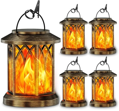 KOOPER Solarleuchten Außen Garten, 4 Pack Hängende Solarlaternen mit realistischer flackernder Flamme LED, wasserdichte Gartenornamente Außenleuchten Laterne für Dekoration, Wegbeleuchtung