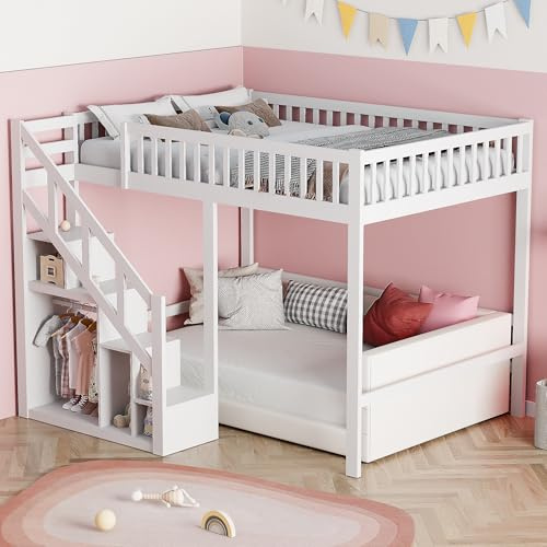 FOERPL Letto Soppalco Bambini 90x200cm con Recinzione Sicura e Scala di Stoccaggio,Struttura Legno Stile Montessori Bianco,90 x 200cm Letto a Castello per Ragazzi