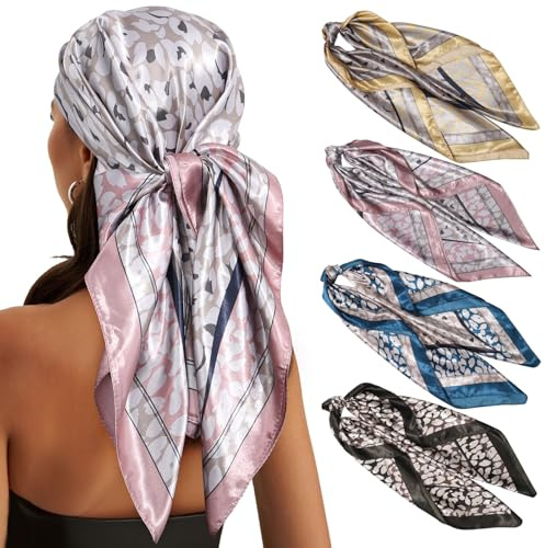 WELROG 90 × 90 cm stor fyrkantig huvudduk dam – 4 stycken bandana sidenscarf hår hårduk kvinnor att knyta halsduk, Set-i (leopard 1), 90*90cm（35*35in）