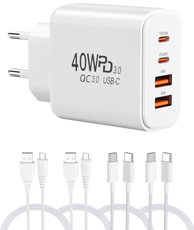 Cargador USB de 40 W con 4 cables, 2 puertos USB-C + 2 puertos USB-A, cargador de pared para iPhone, Samsung, Android, iPad, tablet, adaptador compacto de viaje y oficina en casa (1 enchufe + 4 cables