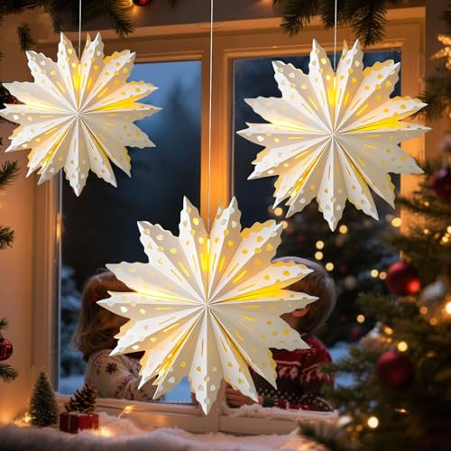 3 Stück Weihnachtsstern Beleuchtet, Weihnachten Papiersterne zum Aufhängen | Weihnachtsdeko Innen Fenster Leuchtsterne Papier LED Weihnachten Fensterdeko Faltsterne Papierstern für Weihnachtsbeleuchtung