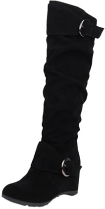 Generisch Modische Damen-Stiefel massivem mit Gürtelschnalle erhöhtem Keilabsatz (Black, 39)