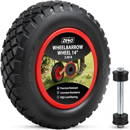 ZENO Wheelbarrow Wheel 14 | Puncture Proof Wheelbarrow Wheel Replacement 3.50-8 | Heavy Duty Solid Tyre Rim for Wheelbarrows, Garden Trolley, Trailer, Truck | Deep Grip Tread | Reinforced Sidewalls