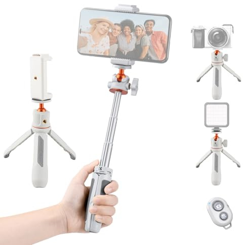 Vroomoto Selfie-stång med stativ, aluminiumlegering, sträcker sig från 15,5 cm till 34 cm, lastkapacitet på 2 kg, telefonhållare, fjärrslutare för, spegelfri kamera (vit)