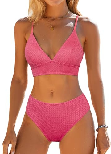 CUPSHE Damen Bikini Set V Ausschnitt Triangel Breites Unterbrustband Lace Up Mid Waist Bikini Bademode Zweiteiliger Badeanzug Swimsuit Himbeerrot L