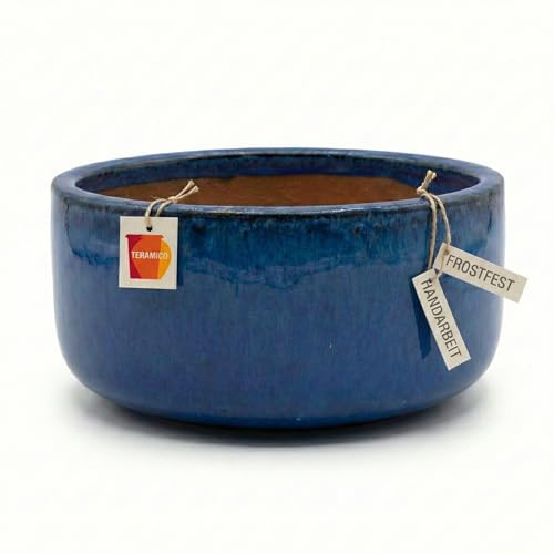 Teramico Keramik Pflanzschale frostfest (Royal Blau, Ø 38 x 20 cm) | Frostfeste Premium Keramik Pflanzgefäß mit Wasserablaufloch in diversen Farben für den Garten, Balkon und Terrasse