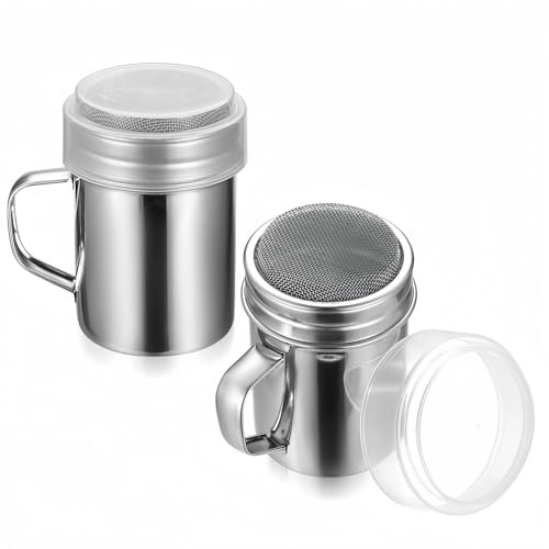 SHENGYIG Juego de 2 esparcidores de azúcar en polvo, colador fino de acero inoxidable para cacao en polvo y harina, dispensador de especias multifuncional con tapa, ideal para café, capuchino, hornear