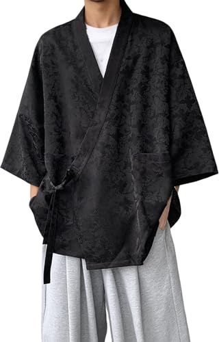 Cardigan Chinois Zen Kimono en Soie glacée Veste légère et Ample Vêtements d'extérieur décontractés (Black, XXXXXXL)