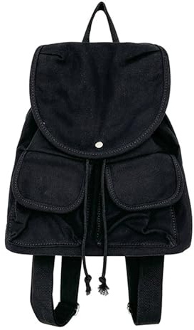 Uqezagpa Sac à dos tendance coréen en toile multi-compartiments poches sac à bandoulière rabat cordon de serrage sac d'école pour dames sac à dos à rabat avec cordon de serrage, Noir