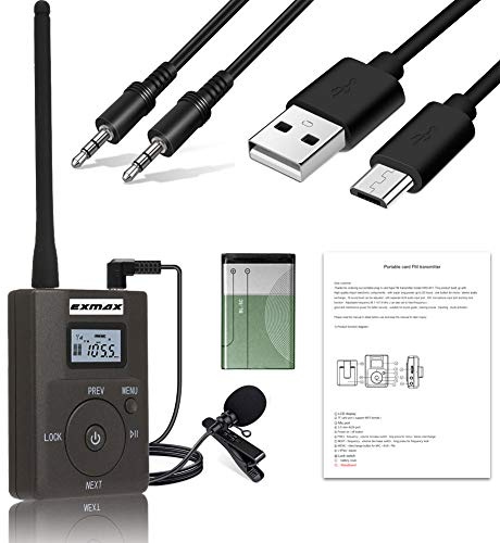 EXMAX Portable 0.2W/200mW Stereo Wireless FM Transmitter Radio MP3 Music Player Broadcast with 3.5mm AUX Microphone Support TF Card for Tour Guide System Teaching Simultaneous Meeting Black