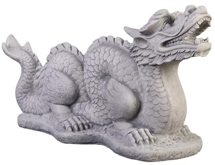 gartendekoparadies.de Chinesischer Drachen Long, Steinfigur, H. 41 cm, 32 kg, Grau, frostsicher aus Steinguss für Außenbereich