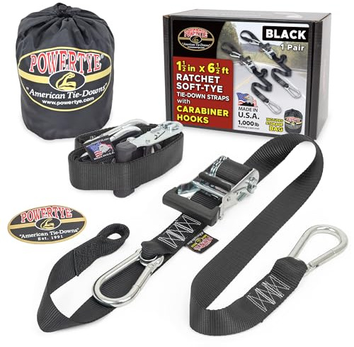 PowerTye 1.5 inch x 6.5ft Heavy Duty Ratchet Tie Down Straps with Carabiner Hooks, Soft-Tye & Storage Bag, for Motorcycle, ATV, Trailer & Cargo - 1,000 lb WLL - Made in USA - Black/Black Pair