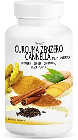 CURCUMA ZENZERO CANNELLA e pepe nero Line@ | 60 compresse | Aiuta a mantenere una normale digestione, antiossidante, mantiene una normale funzione articolare ed elimina il gonfiore