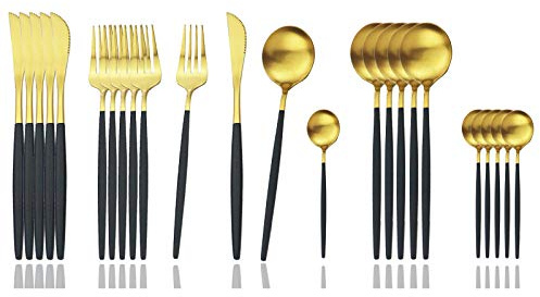 JASHII Lot de 24 couverts en acier inoxydable pour 6 personnes - Passe au lave-vaisselle (poignée noire matte, dorée)