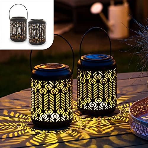 Gadgy Farolillos Solares Exterior | Juego De 2 | Farolas De Jardin y Terraza | Luces LED | Luz Solar de Metal Negro y Dorado | IP65 Impermeable
