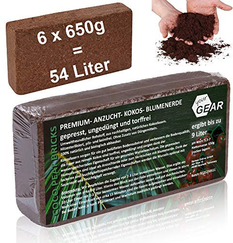 yourGEAR feinkörnige Kokoserde 54 L - 6x650g gepresste Blumenerde nachhaltige Aussaaterde aus Kokosfasern 100% Bio ungedüngt torffrei