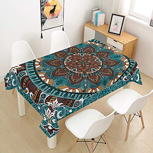 Morbuy Mandala Tischdecke Abwaschbar, Drucken Tischtuch Rechteckig Tischwäsche Gartentischdecke Outdoor Tischdekoration Wasserdicht Polyester Ölfest Pflegeleicht (140x220cm,Türkis)