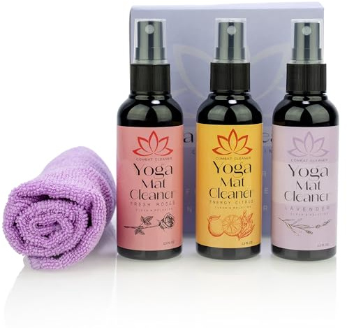 Combat Cleaner Yoga Mat Cleaner Spray Kit (Pack of 3) Includes a Microfiber Towel, Restores and Refreshes Yoga Mats (Lavender, Fresh Roses, Energy Citrus)