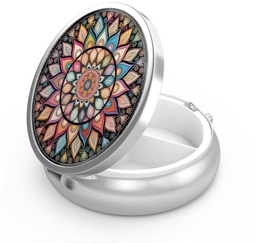 Pillendose mit 3 Fächern, klein, tragbar für Tasche oder Geldbörse, Pillenhalter, für Vitamine, Medikamente, Fischöl und Nahrungsergänzungsmittel (buntes Mandala)