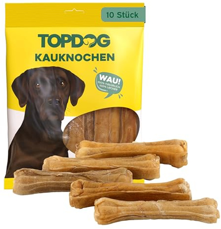 Topdog Kauknochen Hund 10 Stück 12 cm - Rinderhautknochen für Hunde aus 100% Rind - Hundekauknochen - Pflegt die Zähne und unterstützt den natürlichen Kautrieb Ihres Hundes