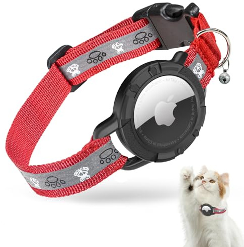 AirTag Katzenhalsband, Reflektierend Air Tag Halsband Katze, GPS Katzenhalsband mit Verstellbares und Glocke, Integriertes Apple Air Tag Katzen Halsband für Katzen Welpen (Rot, 7-9 Inch(13-23cm))