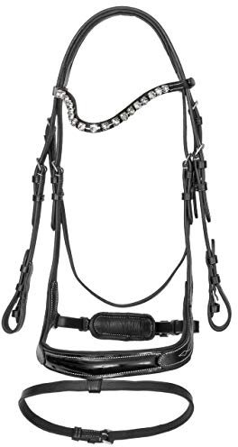 Start Amazon - Sillín de piel anatómica para caballo y pony, con lino, lacada correa para la nariz (flequillo, negro)