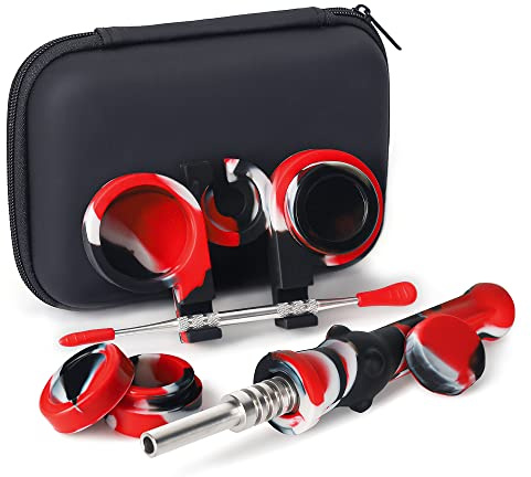 SUNNEKO Silicone Honeybee Vapor Straw Kit, Dab Straw, Oil Rigs Bowls, Collector, Titanium Tip, 6.5” Silicone Wax Carving Travel Tools Kit with Travel Case (Red+Black+White)