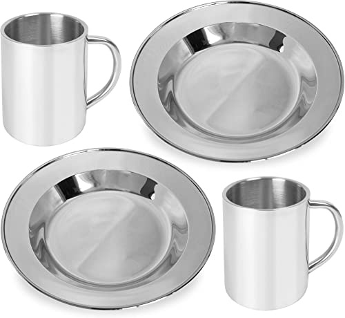 Edelstahl Camping Set, bestehend aus 2 x Teller und 2 x Tasse Farbe Silber