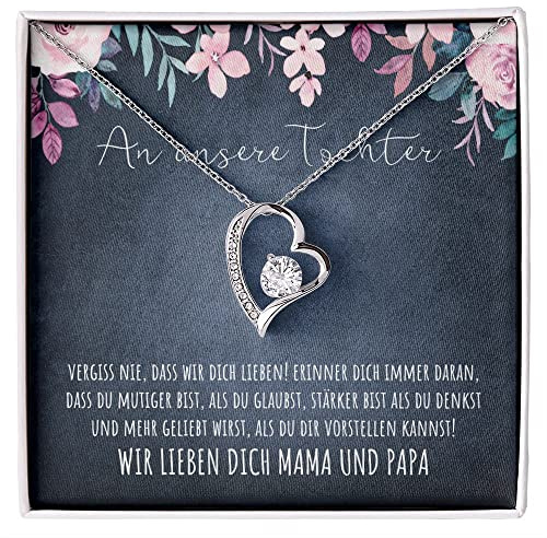 BYLITZ An meine Tochter Vergiss nie Doppelherz Karabiner Halskette mit personalisierter Karte und Geschenk- Box Kette mit Zirkonia zum Geburtstag Weihnachten