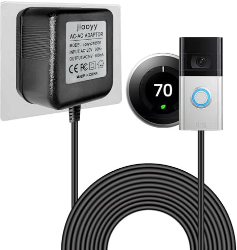 jiooyy 24 Volt Doorbell Power Adapter - 16.4ft Long C Wire Adapter, Doorbell Transformer Fits Ring, Nest Hello, Wyze, Eufy Video Doorbells and Sensi,Nest,Honeywell Thermostat(Black)