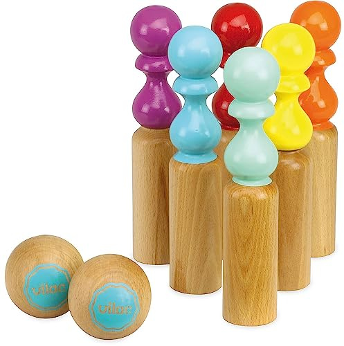 6 Quilles de Bowling Rétro Bicolores 2 Boules Jeu de Plein Air pour Enfant