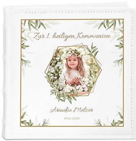 Maverton Einsteckalbum mit Aufdruck - Fotoalbum für 200 Fotos 10x15-50 Seiten - Größe: 21x22cm - Weiß - personalisierte Geschenke für Kind zur Erstkommunion