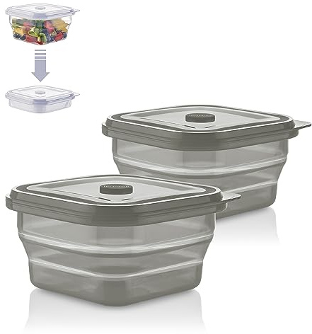 KLIPPSI® Lunchbox faltbar- Brotdosen Frischhaltedosen aus Platin Silikon hitze-kältebeständig, auslaufsicher, spülmaschinengeeignet (grau, 900ml (Doppelpack))