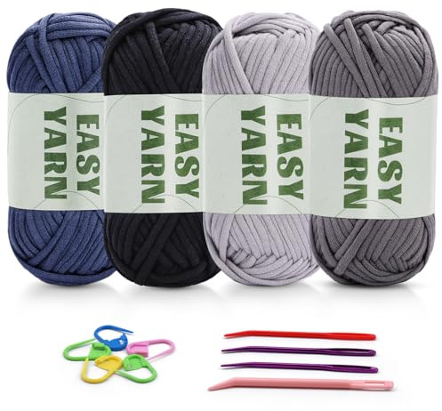 4 X 50g Häkelwolle Easy Yarn Schlauchgarn Häkelwolle Für Anfänger | Wolle Zum Häkelns Dunkelblau Hellgrau Dunkelgrau Schwarz Schlauchgarn Zum Häkelns Häkelgarn Anfänger Häkeln Dicke Wolle