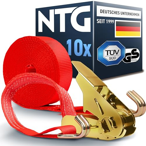 NTG Spanngurte mit Ratsche 10 Stück 800 kg 6 m - TÜV/GS geprüft 25 mm | Zweiteilig mit Haken - Zurrgurte Ratschengurt 0,8 t Zuggurte - Ladungssicherung für LKW Anhänger Transporter Werkstatt Kfz
