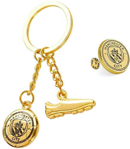 MANCHESTER CITY F.C. Keyring and Pin Badge Gift Set, Supporters Gear - Man City Gifts