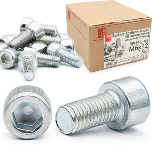 LUN FIX Zylinderkopfschrauben M6 x 12 mm 1kg ca. 190 Stk DIN 912 ISO 4762 | 8.8, Vollgewinde, Innensechskant, verzinkt Maschinenschrauben für Metallbau Maschinenbau Industrie Konstruktion