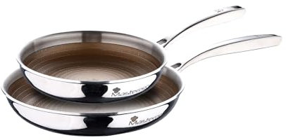 MasterPRO Giro - Set aus 2 Bratpfannen mit 20 und 28 cm Durchmesser – Aus Edelstahl – Innen mit Gitter und Antihaftbeschichtung in Goldfarbe – Griff aus Edelstahl – Induktionspunkt