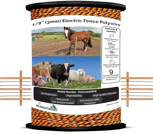 My Animal Command 3mm(1/8In) Thick Solar Powered Polywire Electric Fence 1000m/3280 Ft Length for Containment of Livestock, Horses, Deers, Bears, Farm Animals, Gardens, Pets,Animal farm Wire
