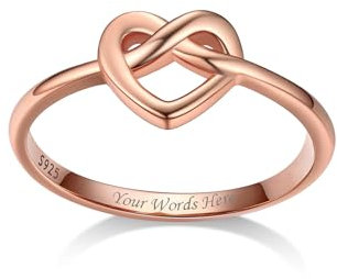 Bestyle Ring mit Herz 925 Frauen Silberring mit Text Gravur Knotted Heart Fingerring Personalisierbarer Eheringe Trauringe Modeschmuck, Roségold, Ringgröße 65