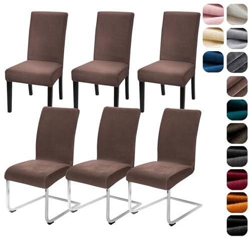 Alishomtll Stretch Samt Stuhlhussen 6er Set Velvet/Velour Stuhlbezug Schwingstuhl Elastische Hussen Waschbarer Stühle Schutz für Küche Restaurant Hotel Bankett Hochzeit (Braun, 6 Stück)