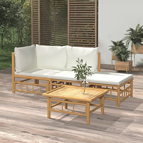 QZZCED Garten-Loungemöbel Terrassengarnitur Gartenmöbel-Sets Balkonmöbel-Set 4-TLG. Garten-Lounge-Set mit Cremeweißen Kissen Bambus für Garten, Terrasse und Balkon