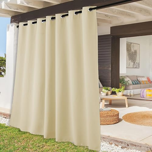 Rideaux Extérieurs pour Patio, Rideaux Imperméables et Résistants aux Intempéries avec ŒIllets, Rideau Extérieur Pare-soleil pour Porche, Pergola et Cabane | 1 Panneau-Beige-foncé-L254cm xH244cm