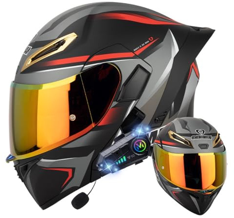 RQTEUYE Klapphelm mit Bluetooth, Bluetooth Integralhelm Motorradhelm mit Doppelvisier, ECE Zertifiziert Hohe Qualität Helm, Verschiedene farbige Linsen, für Frauen Männer（22.4-25.2in）